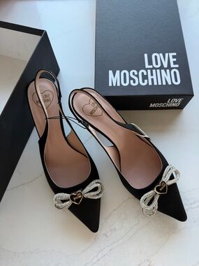 Love Moschino Black Slingback Pointed Flats with Crystal Bow